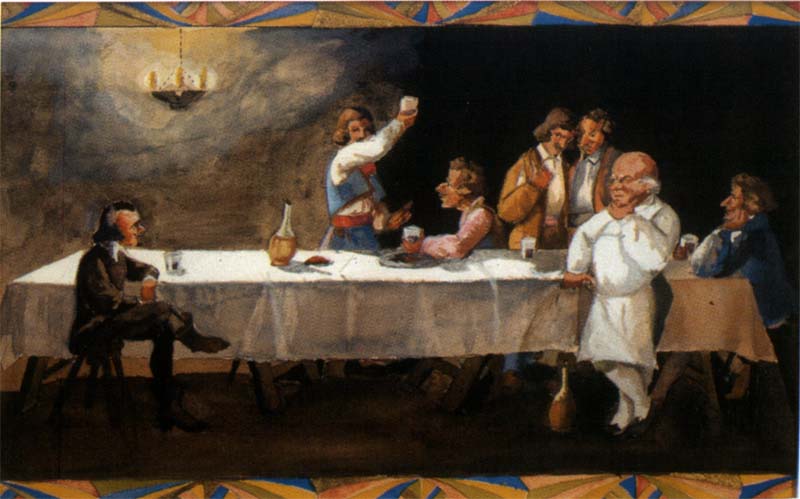 I promessi sposi - Renzo all'osteria della Luna piena - Tavola a colori (matita e tempera diluita) 1926